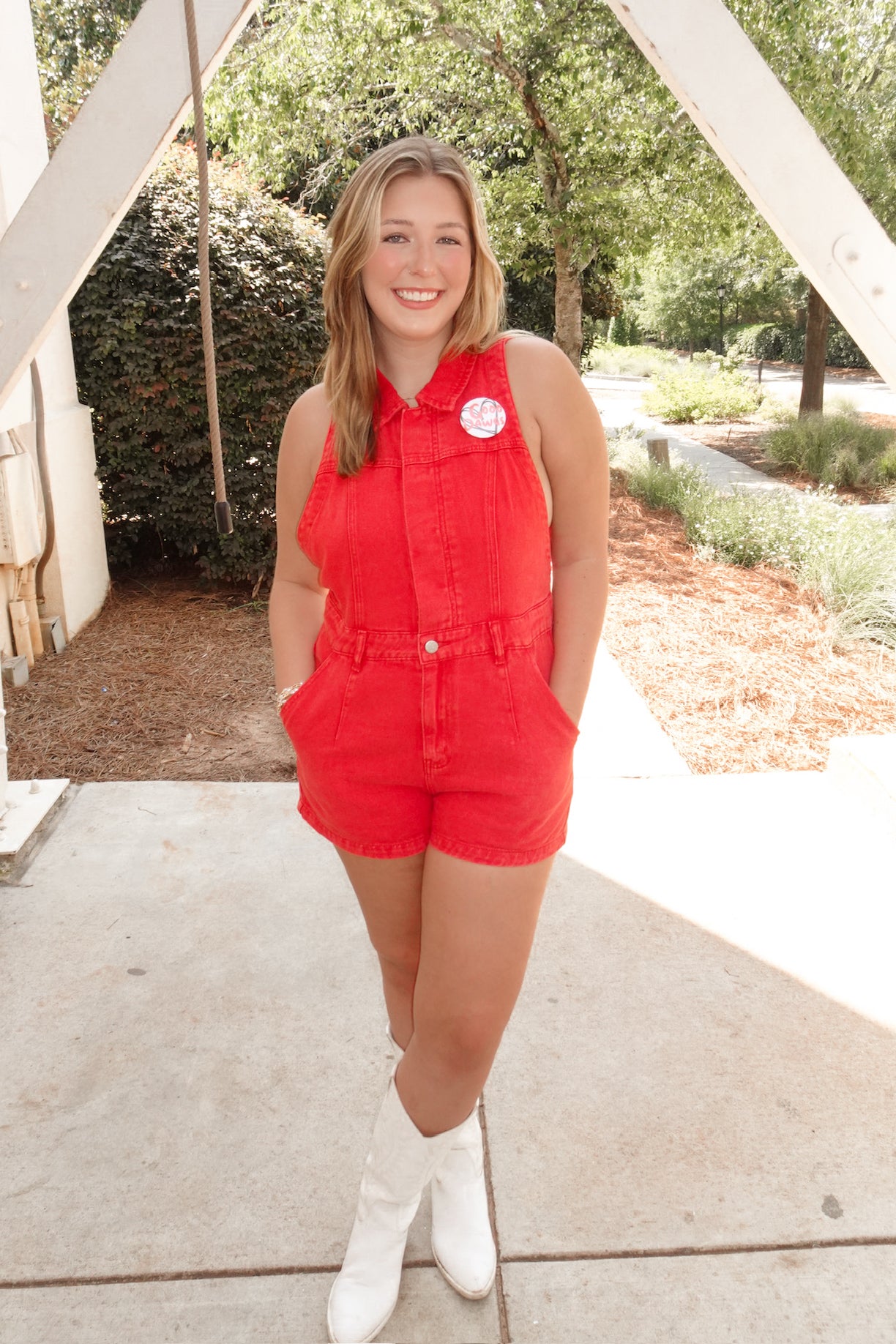 Red denim romper online