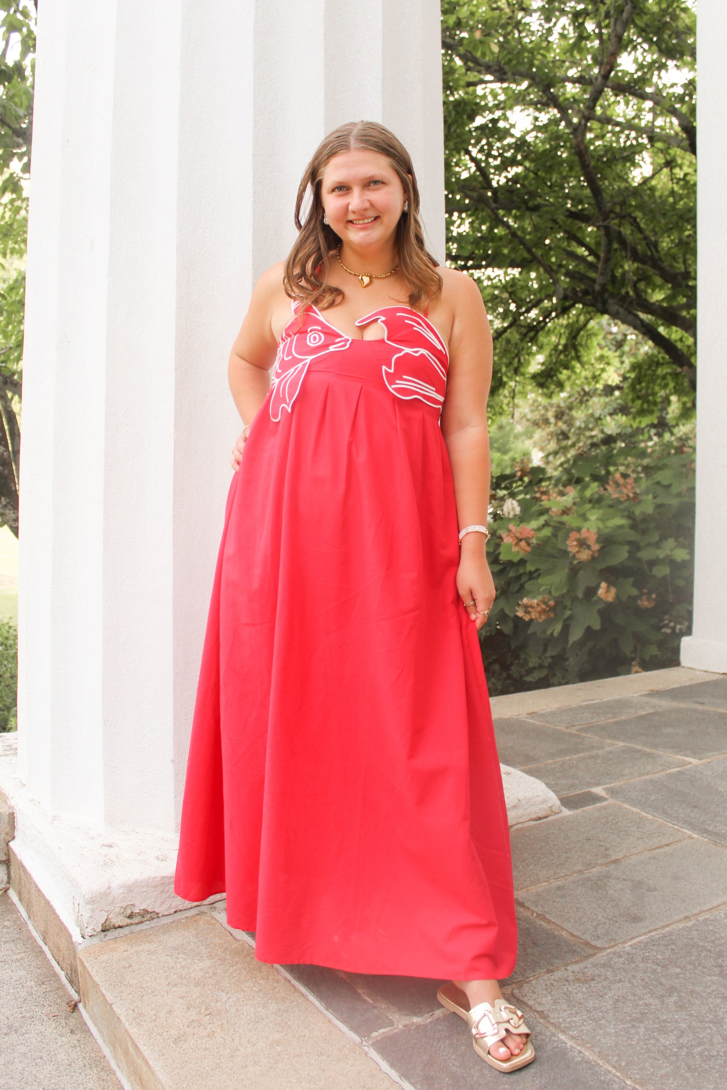 Keep Swimming Red Koi Fish Embroidered Maxi Dress