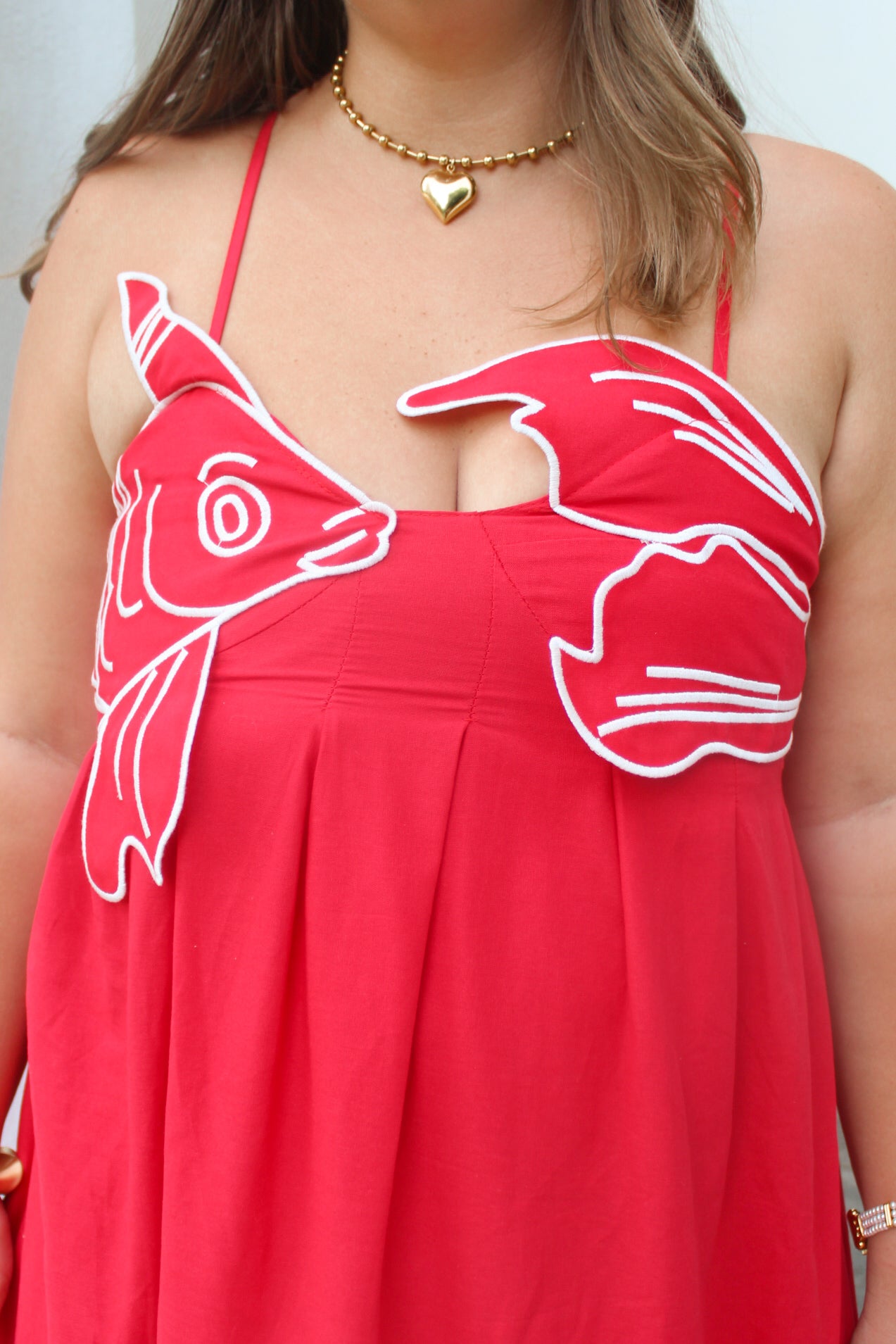 Keep Swimming Red Koi Fish Embroidered Maxi Dress