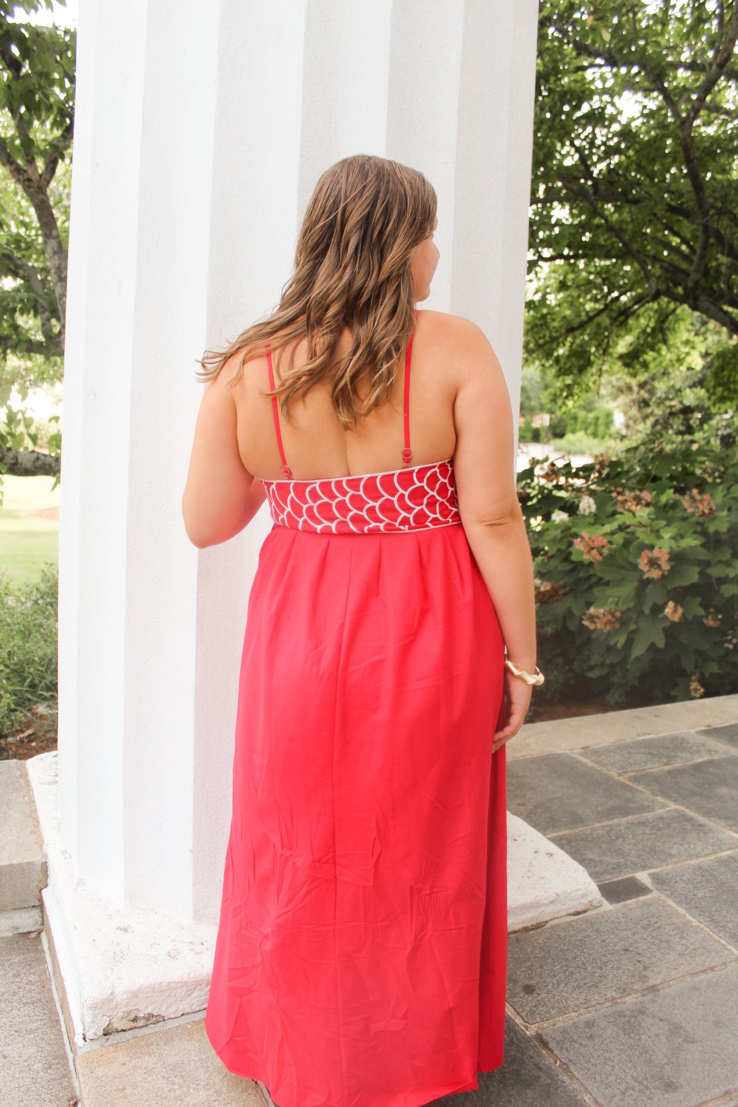 Keep Swimming Red Koi Fish Embroidered Maxi Dress