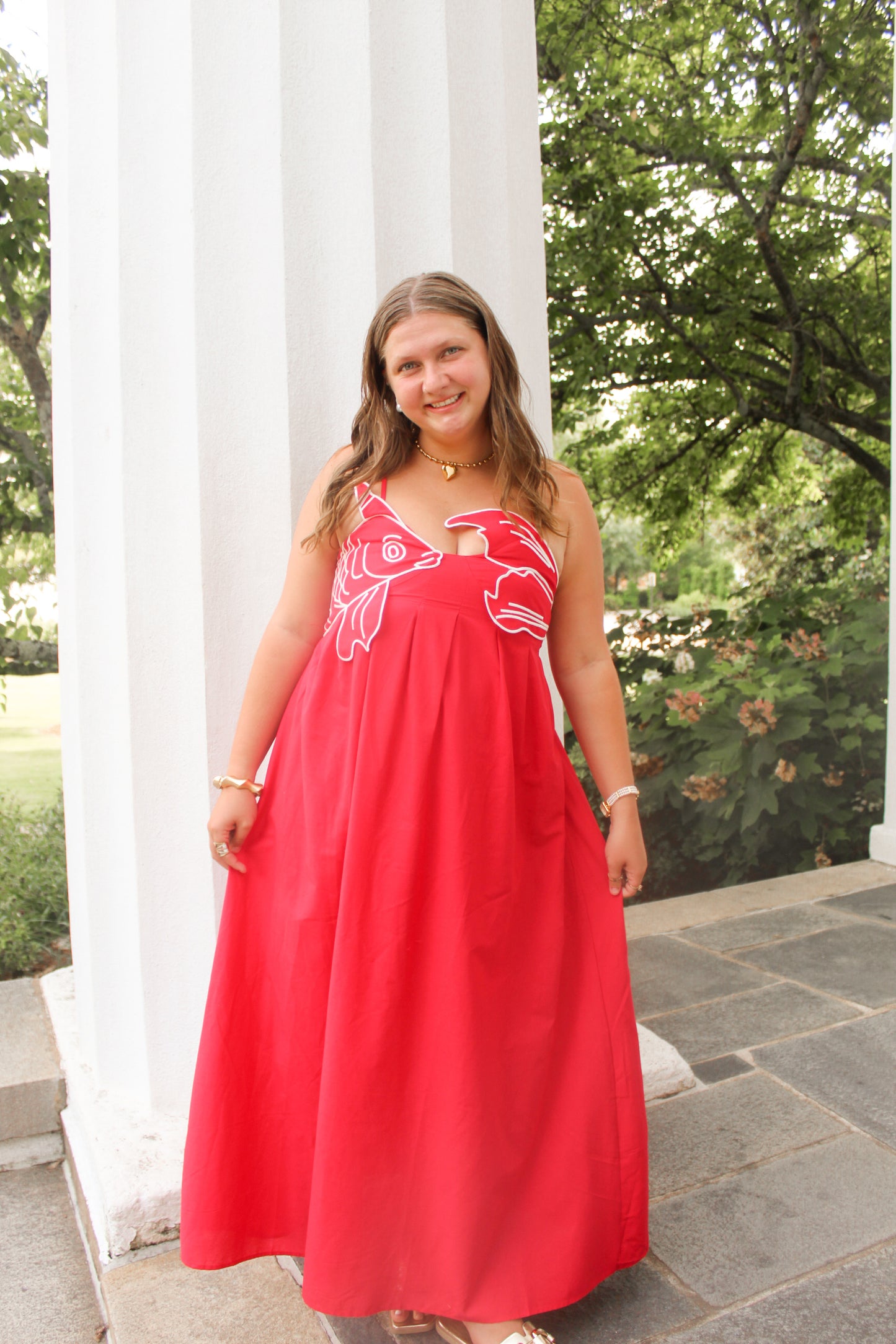 Keep Swimming Red Koi Fish Embroidered Maxi Dress