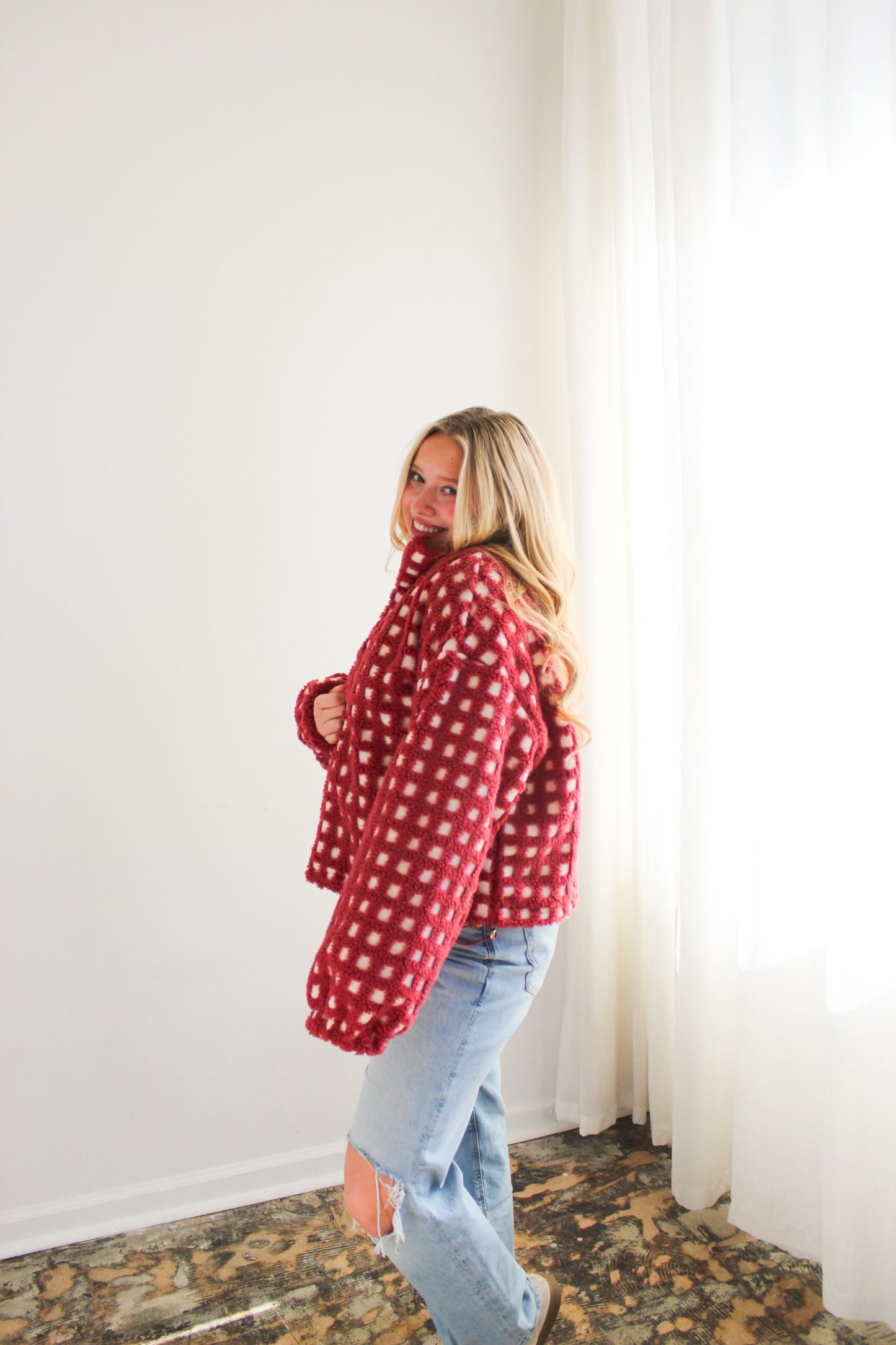 Red Gingham Sherpa Zip-Up Jacket