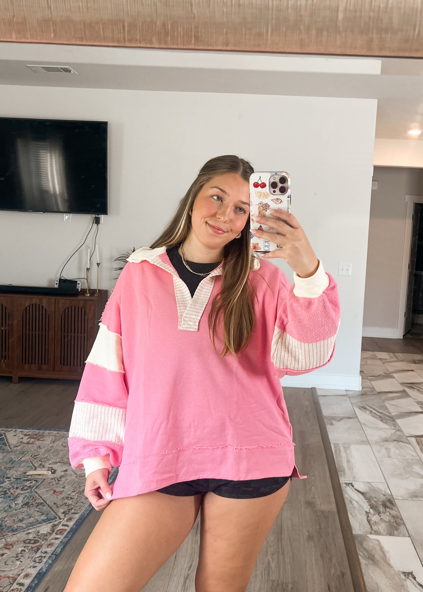 Pink & Ivory Stripe Sweatshirt
