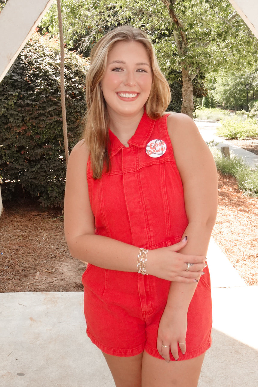 Red Sleeveless Denim Romper