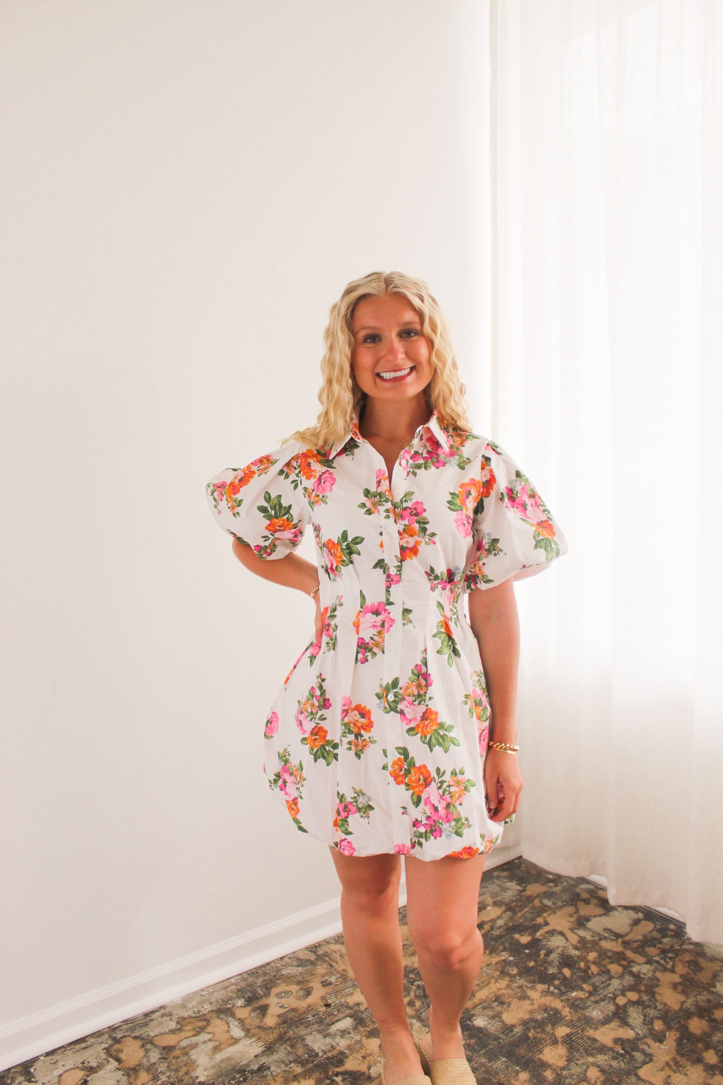 White Floral Puff Sleeve Mini Dress