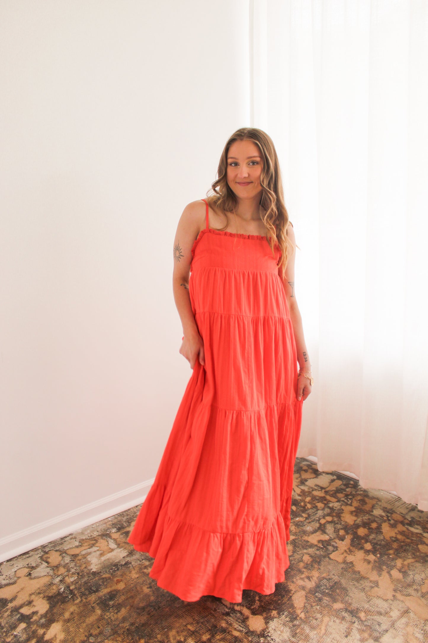 Orange Tiered Backless Maxi Dress