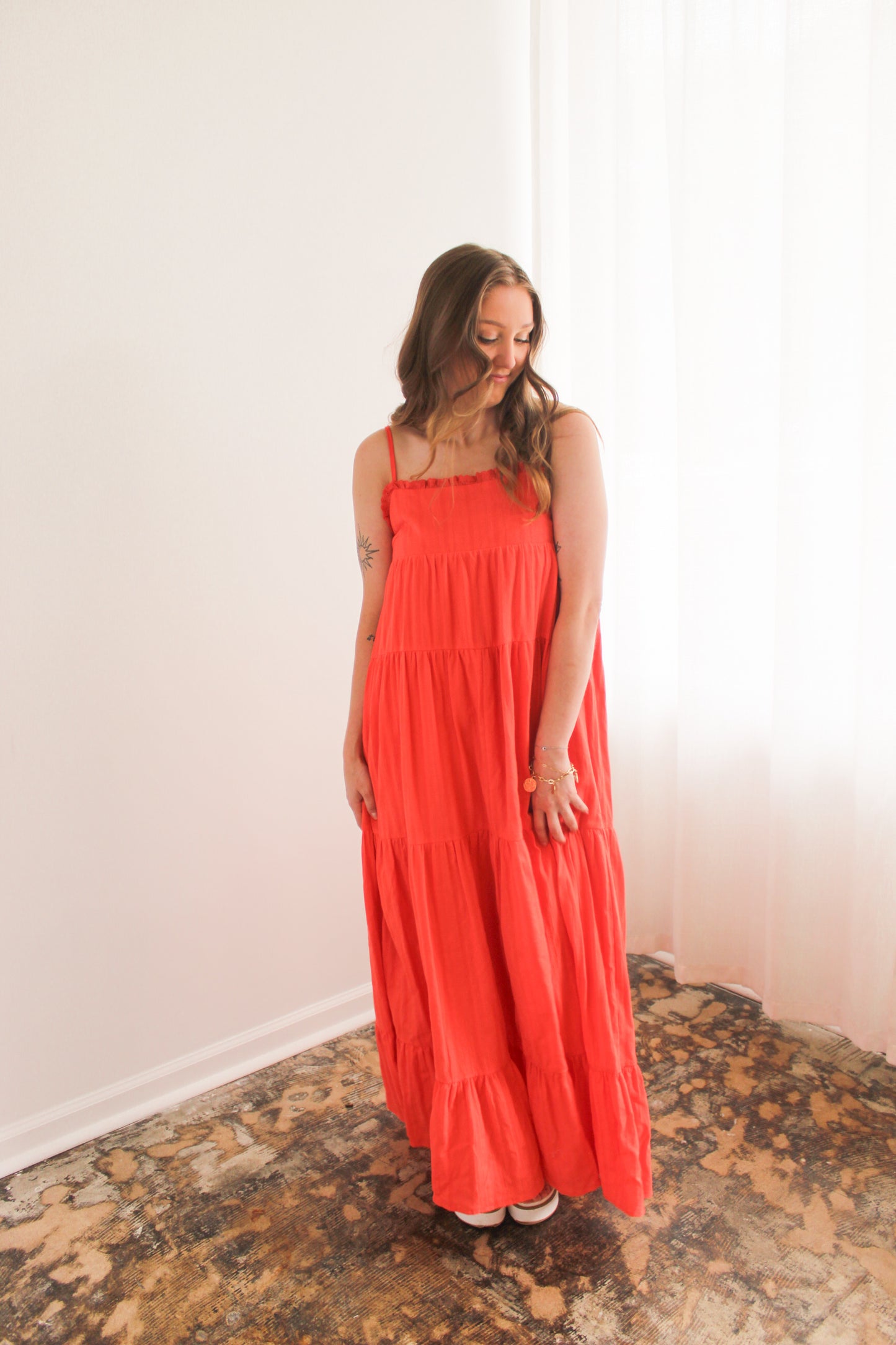 Orange Tiered Backless Maxi Dress