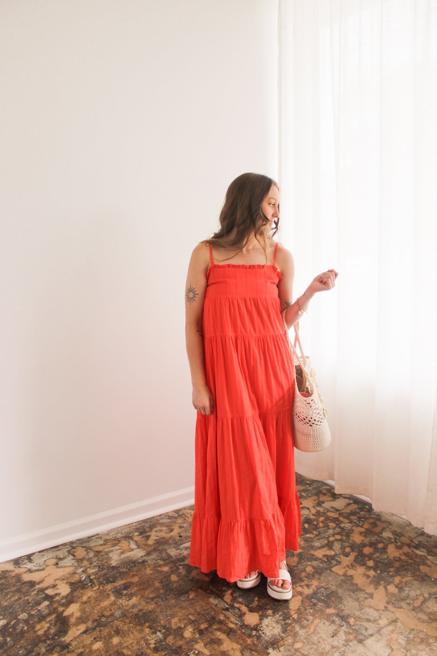 Orange Tiered Backless Maxi Dress