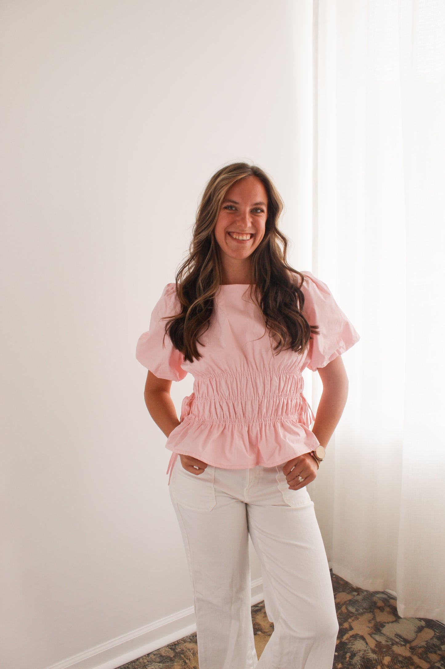 Light Pink Smocked Puff Sleeve Top