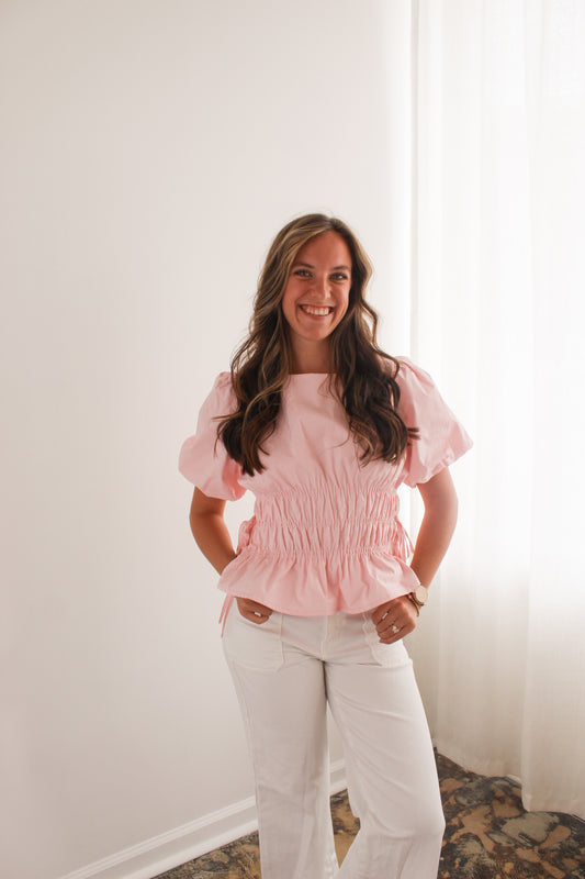 Light Pink Smocked Puff Sleeve Top