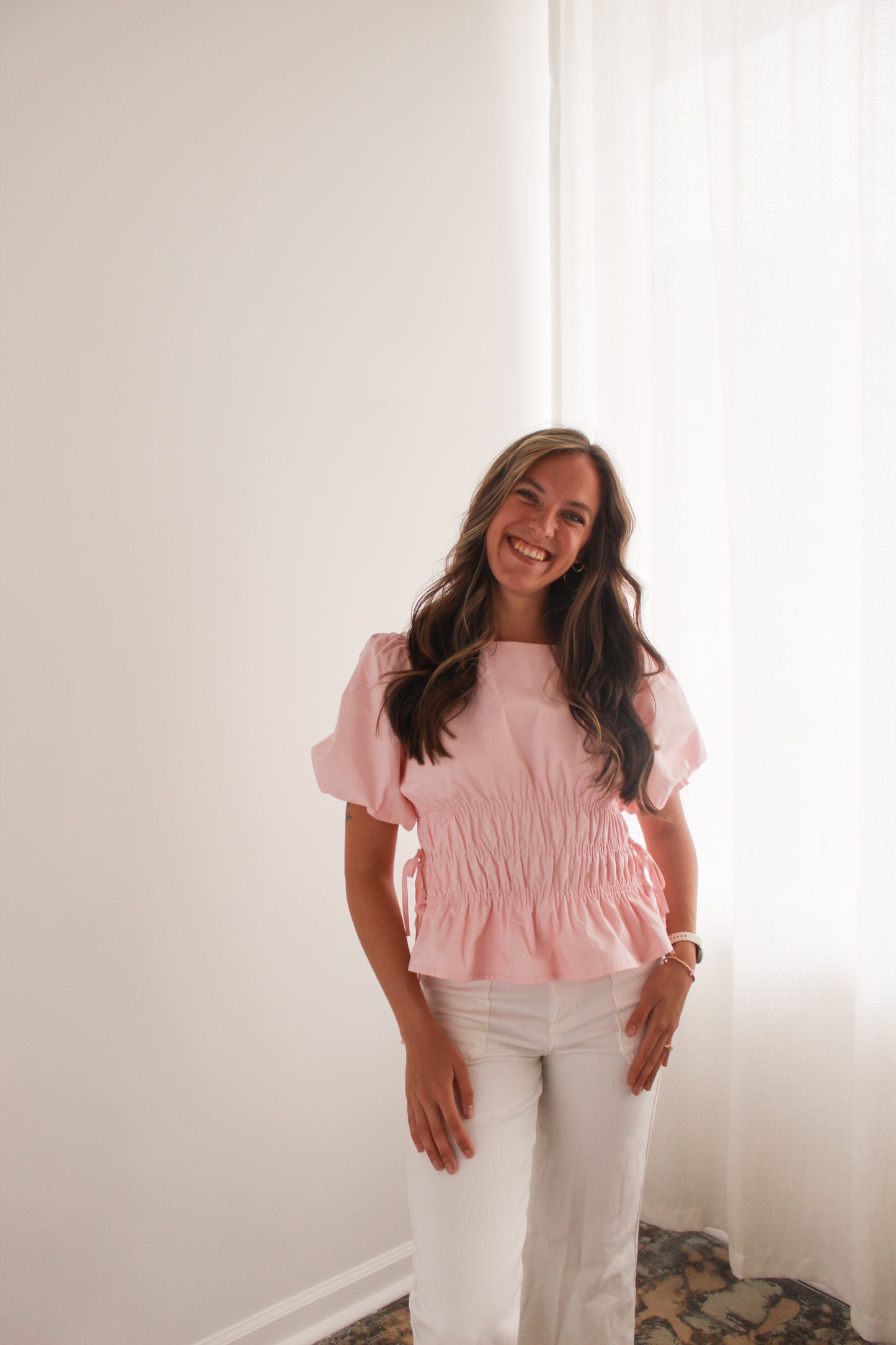 Light Pink Smocked Puff Sleeve Top