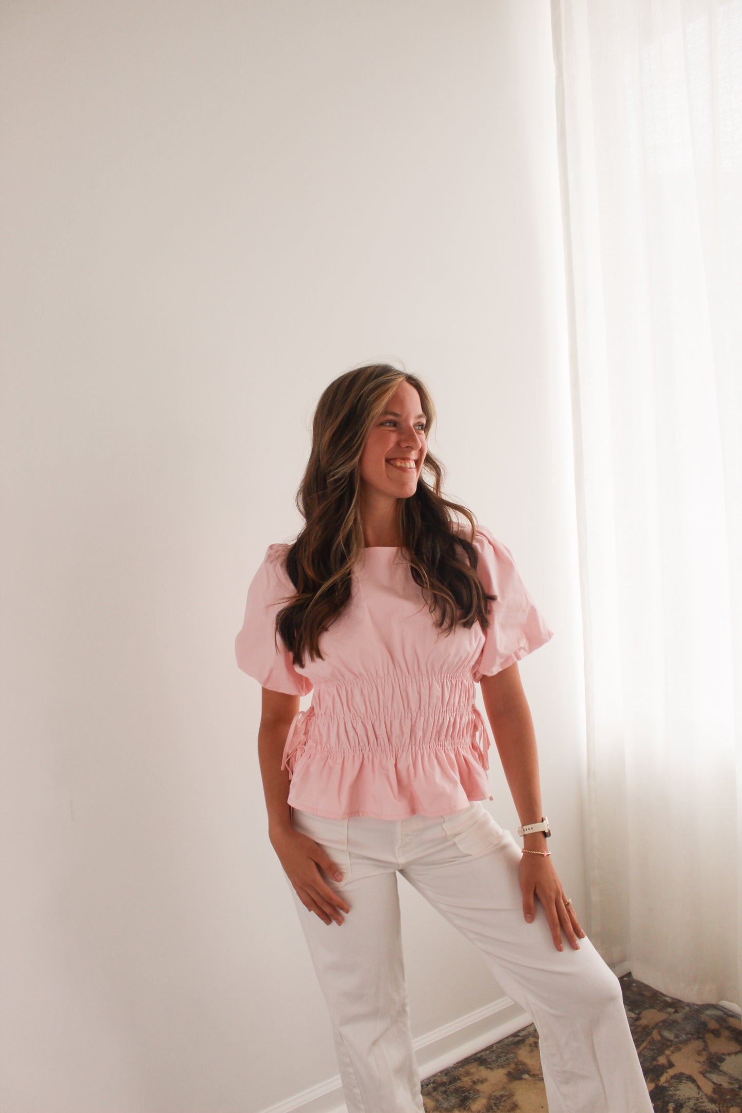 Light Pink Smocked Puff Sleeve Top