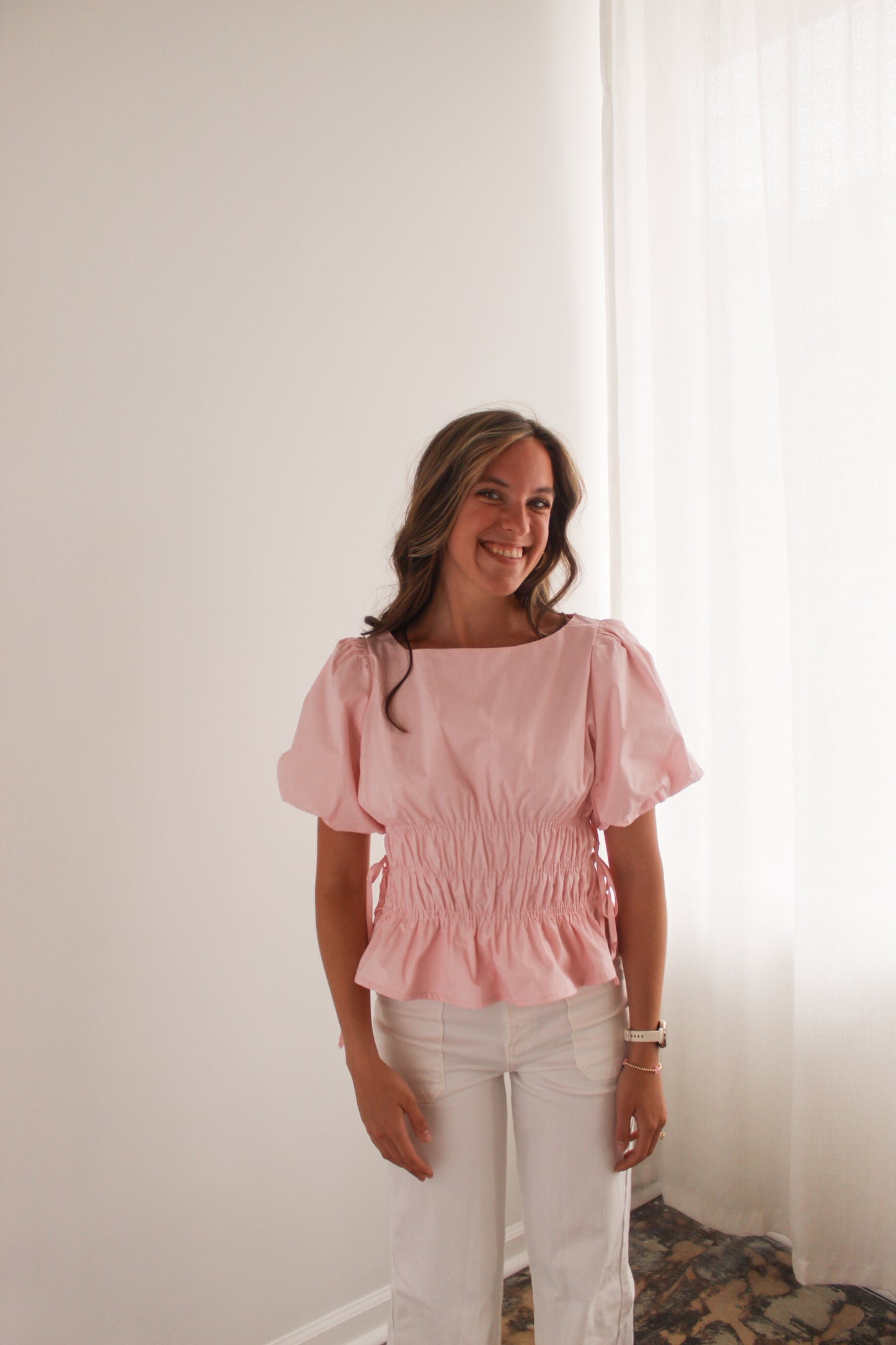 Light Pink Smocked Puff Sleeve Top