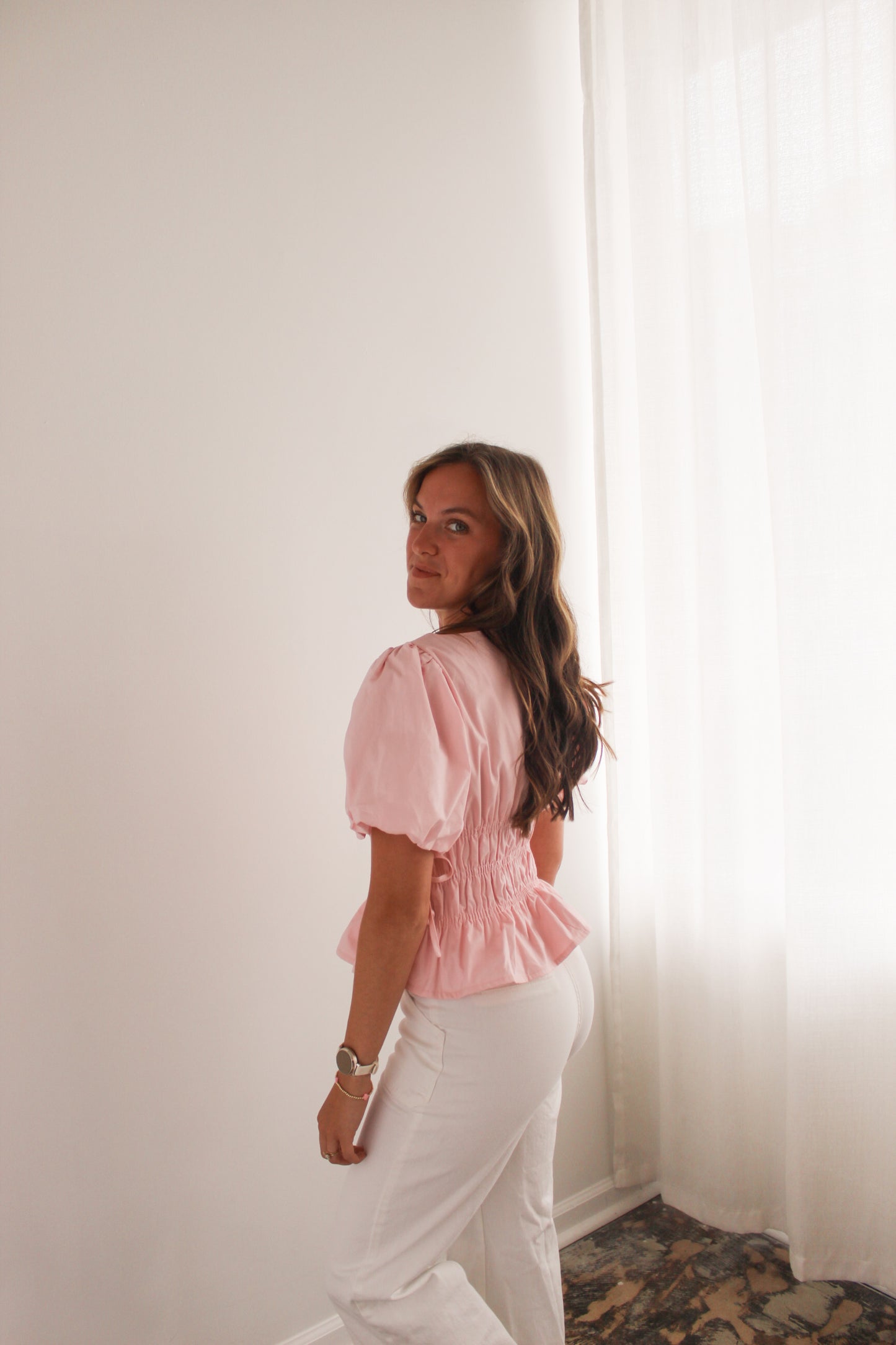Light Pink Smocked Puff Sleeve Top