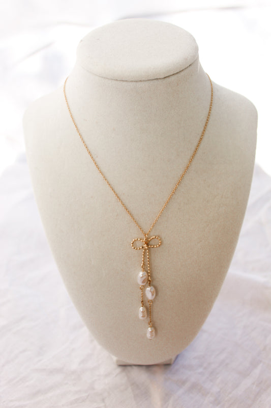 Gold and Pearl Bow Necklace