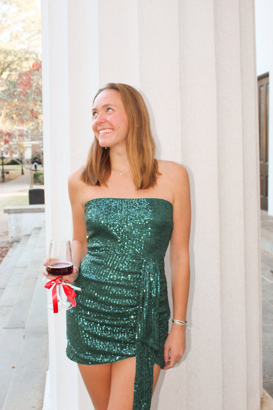 Strapless Green Sequin Mini Dress