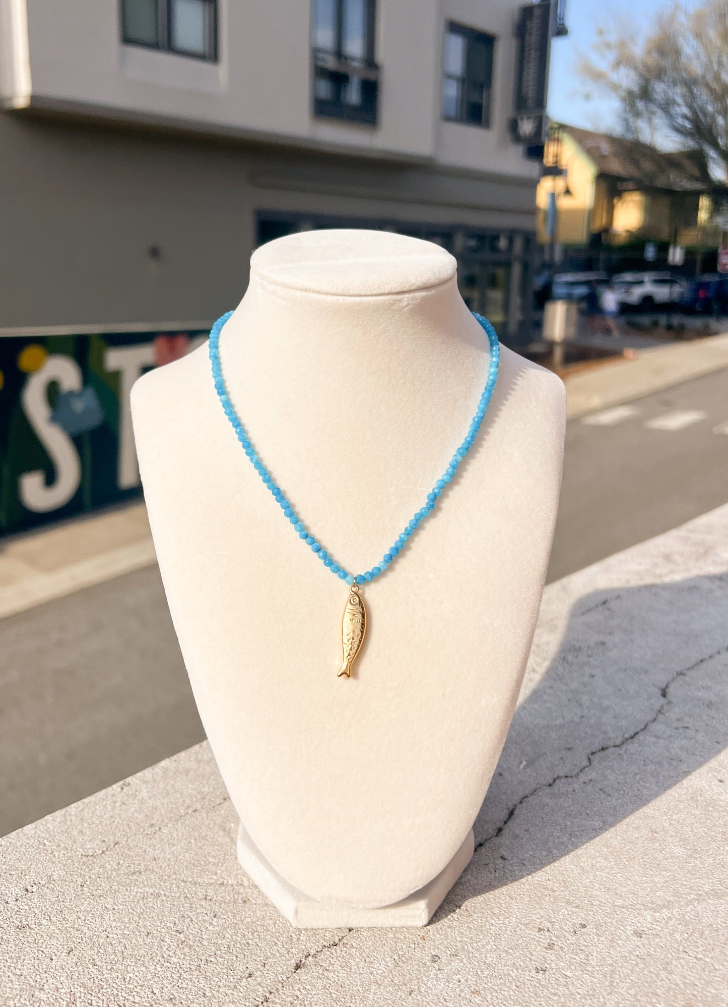 Blue Beaded Fish Pendant Necklace