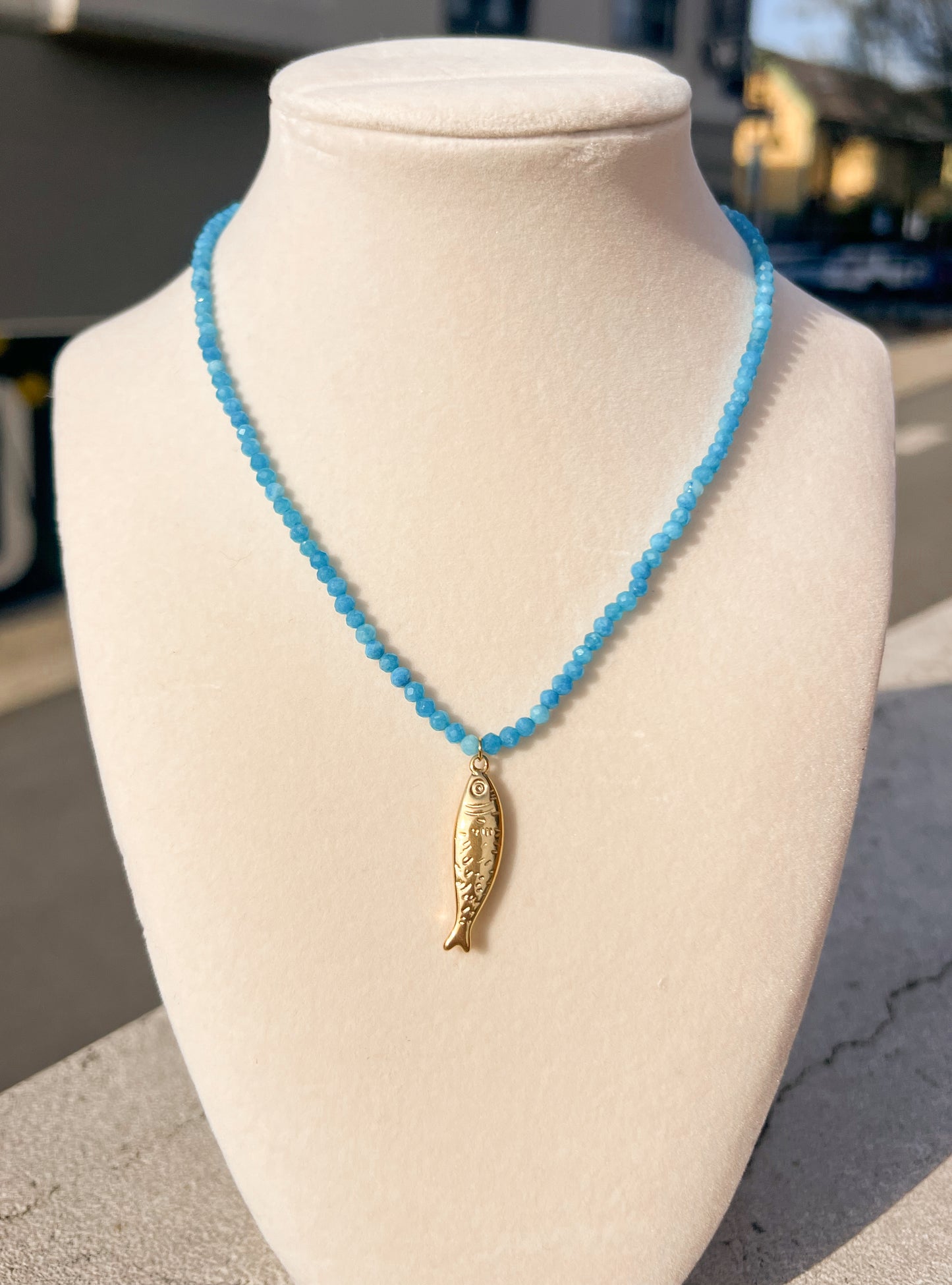 Blue Beaded Fish Pendant Necklace