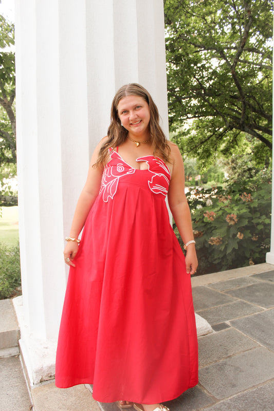 Keep Swimming Red Koi Fish Embroidered Maxi Dress