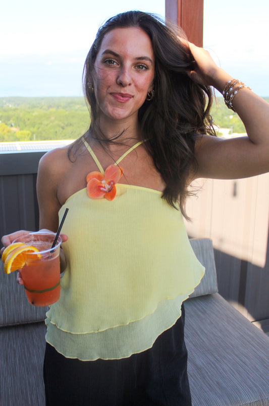 Hello Sunshine Yellow Halter Flower Top