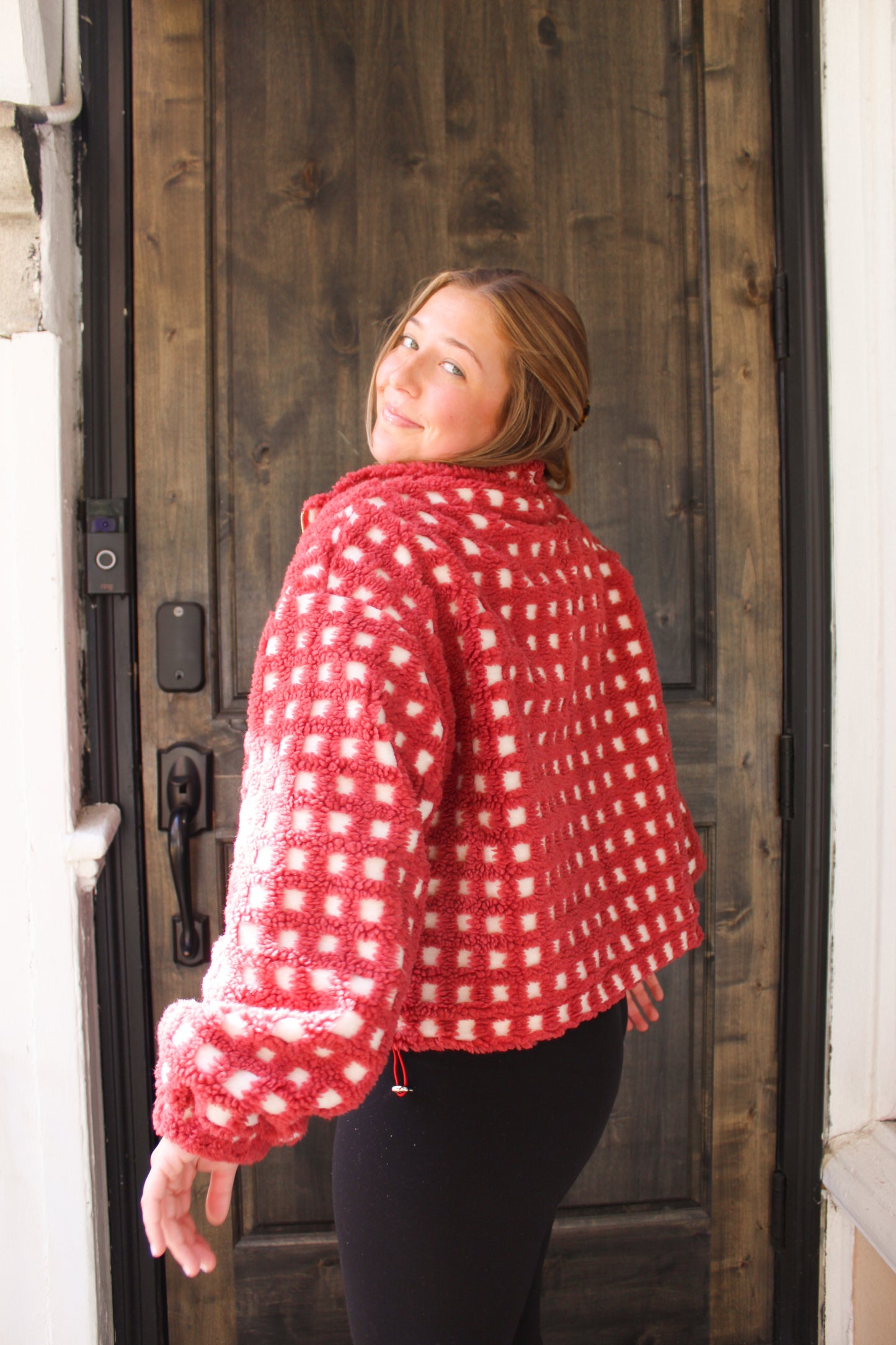 Red Gingham Sherpa Zip-Up Jacket