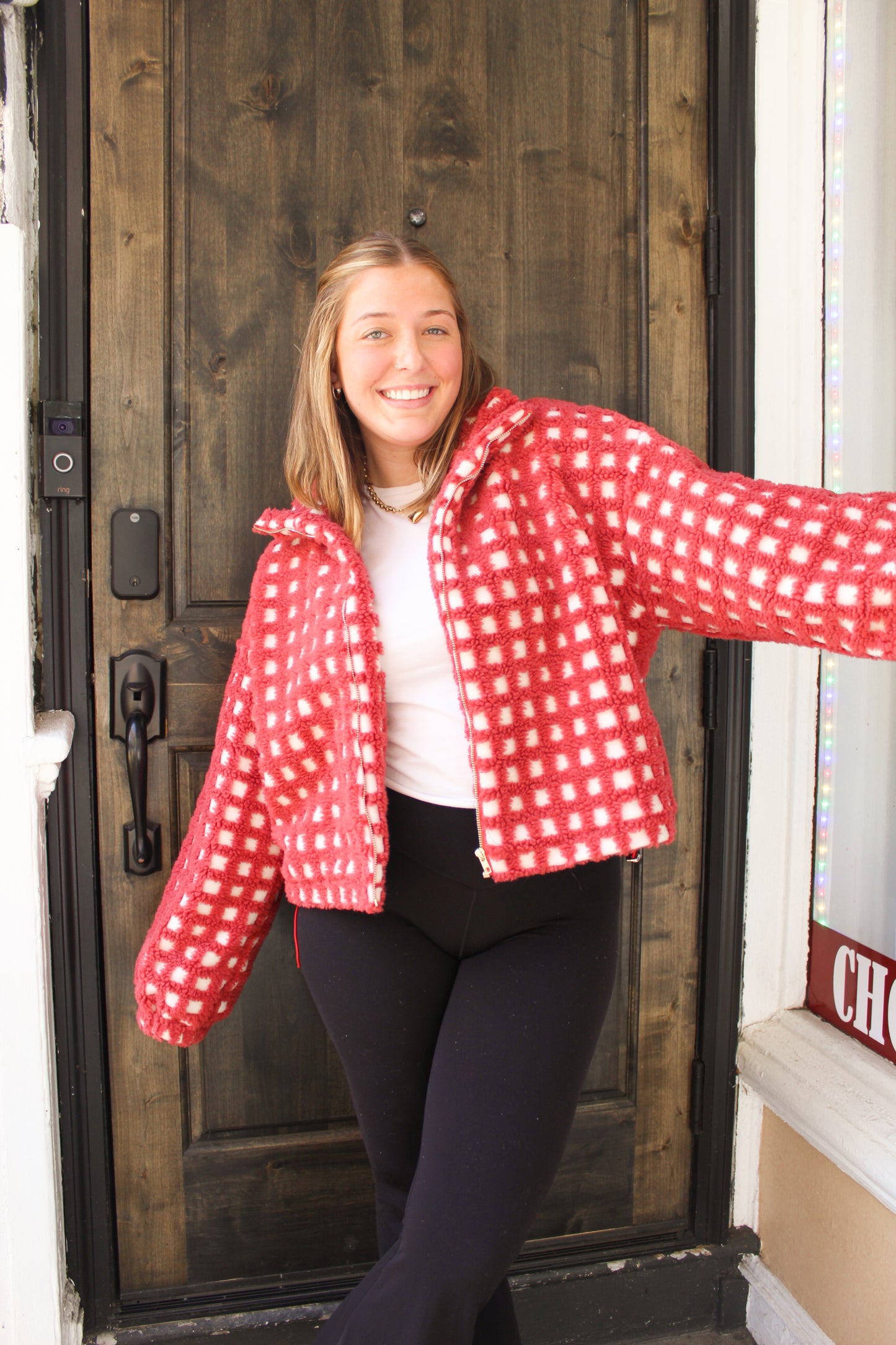 Red Gingham Sherpa Zip-Up Jacket