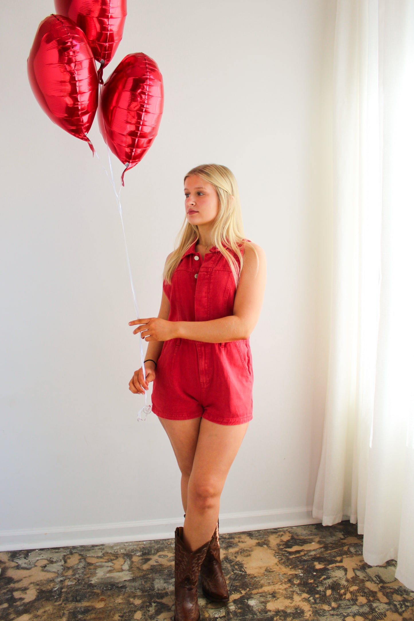 Red Sleeveless Denim Romper