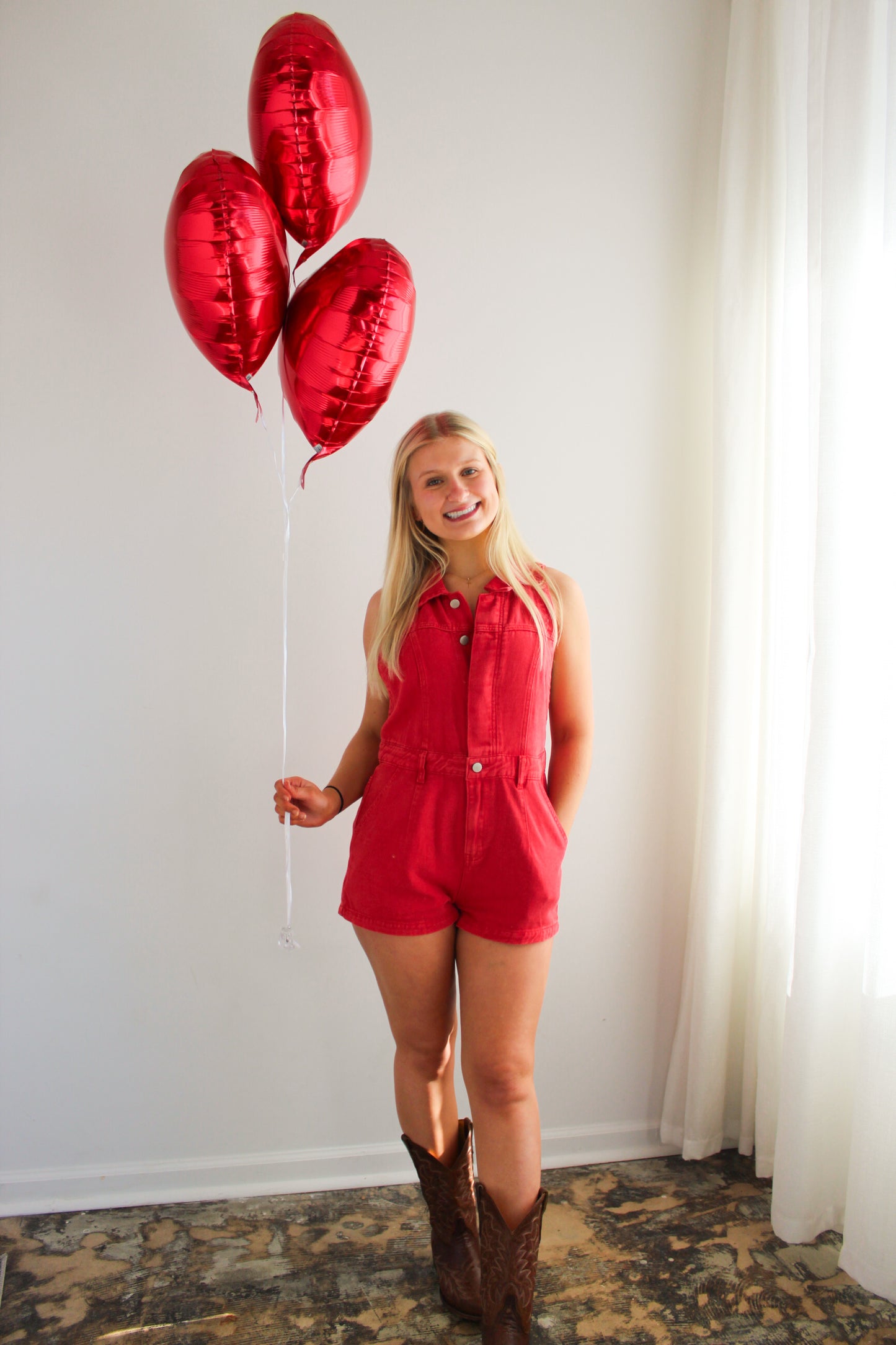 Red Sleeveless Denim Romper