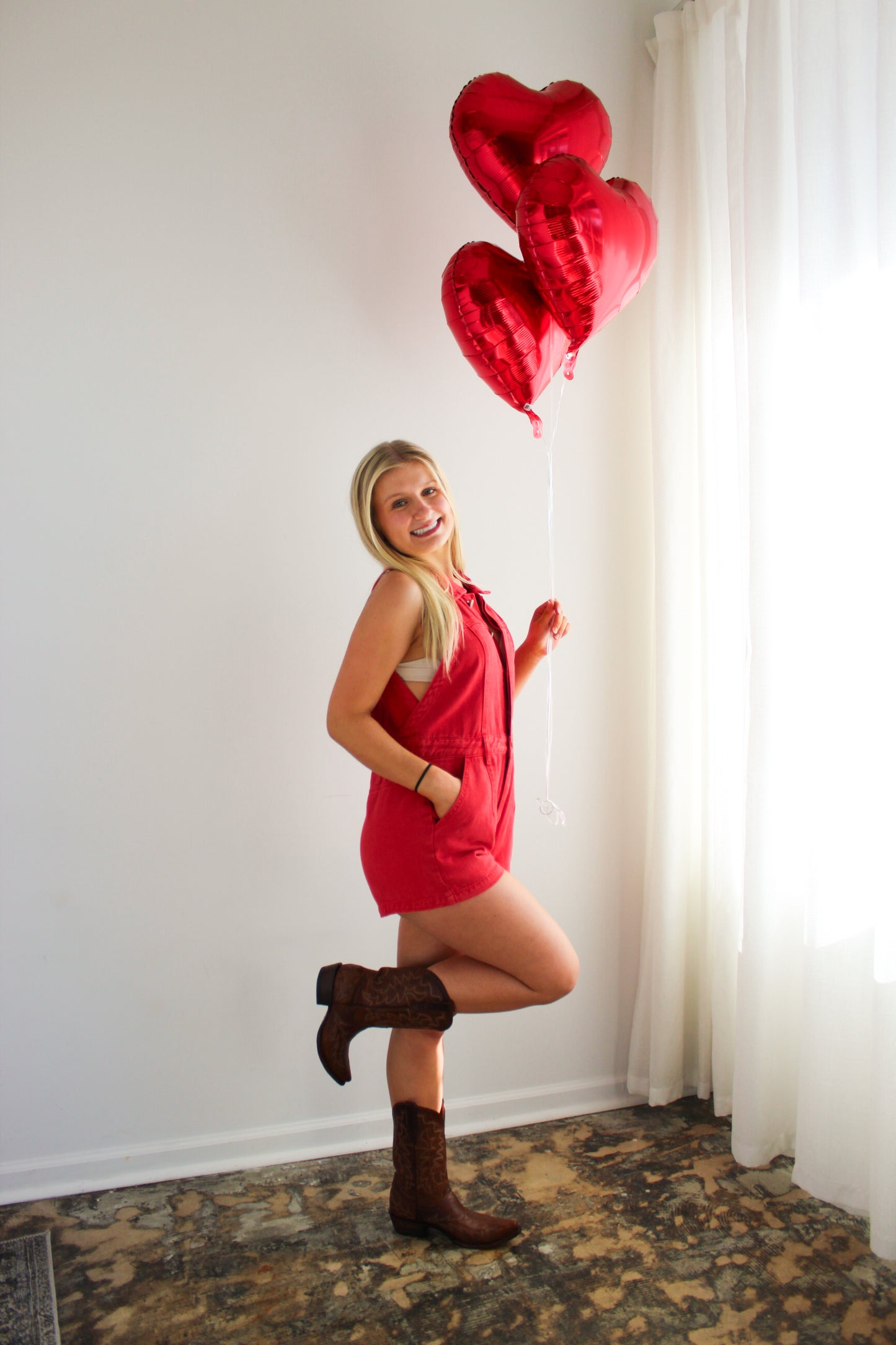 Red Sleeveless Denim Romper