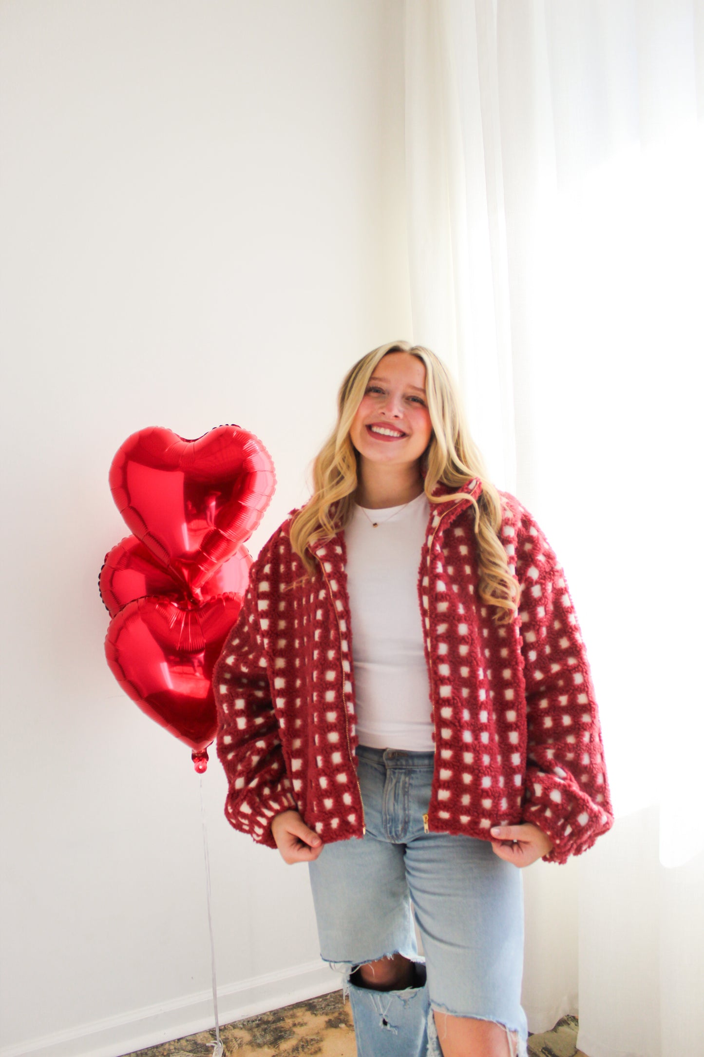 Red Gingham Sherpa Zip-Up Jacket