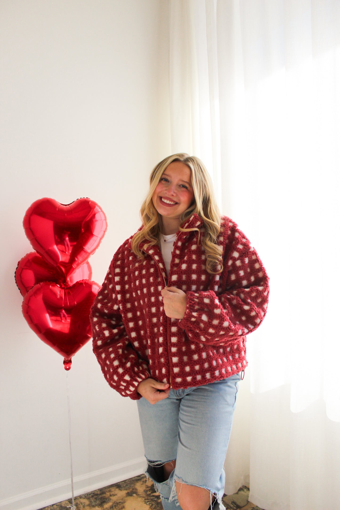 Red Gingham Sherpa Zip-Up Jacket