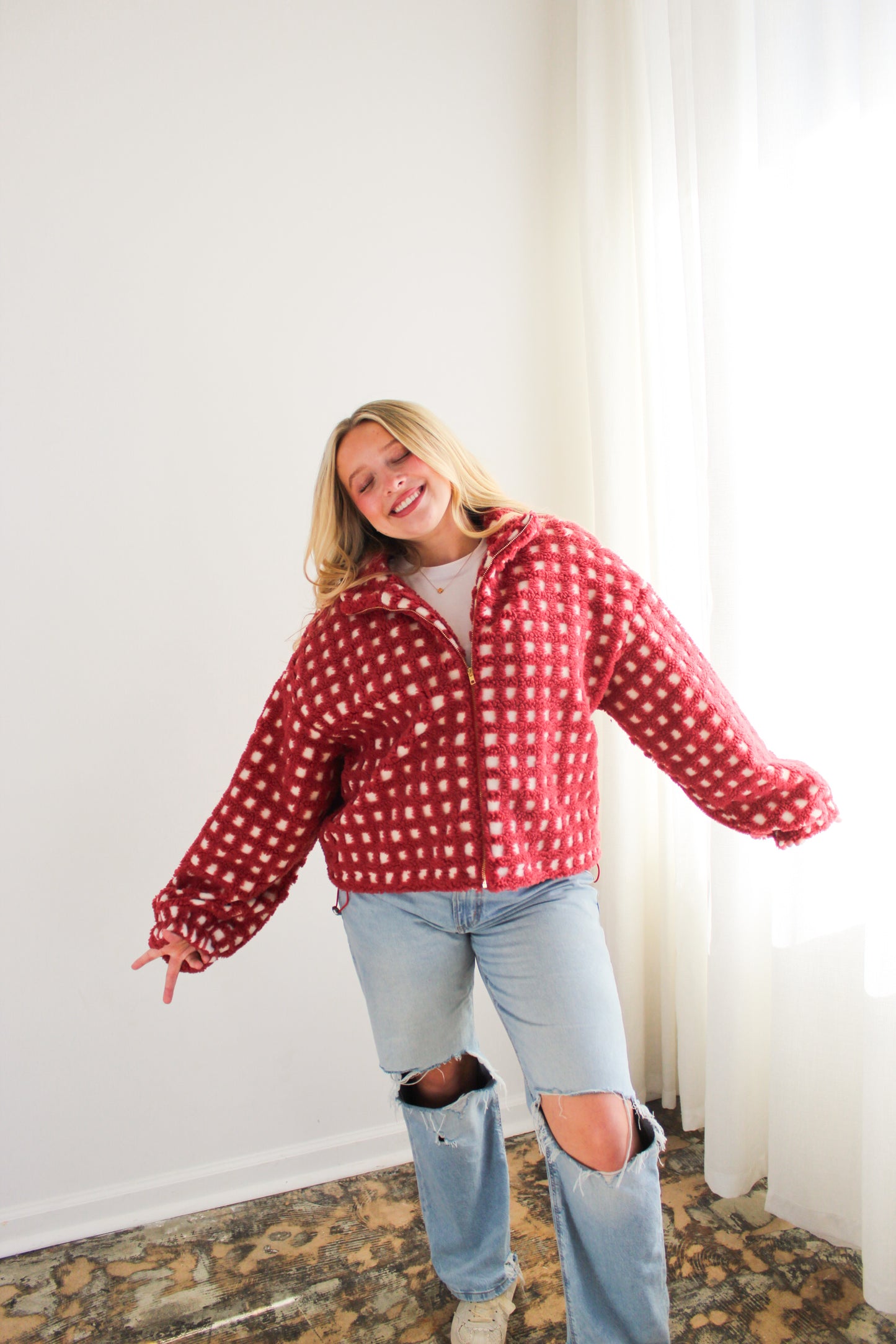 Red Gingham Sherpa Zip-Up Jacket