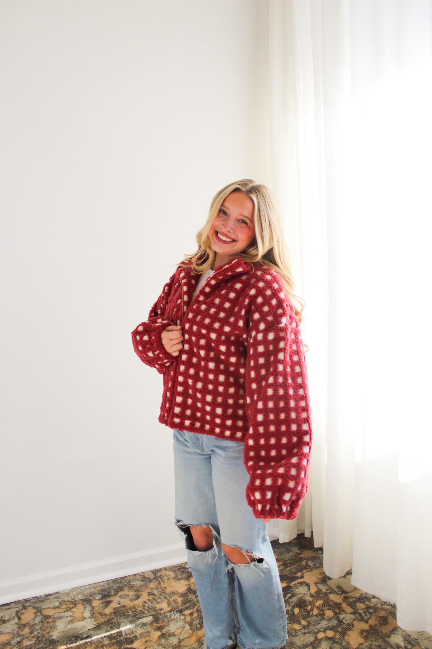 Red Gingham Sherpa Zip-Up Jacket