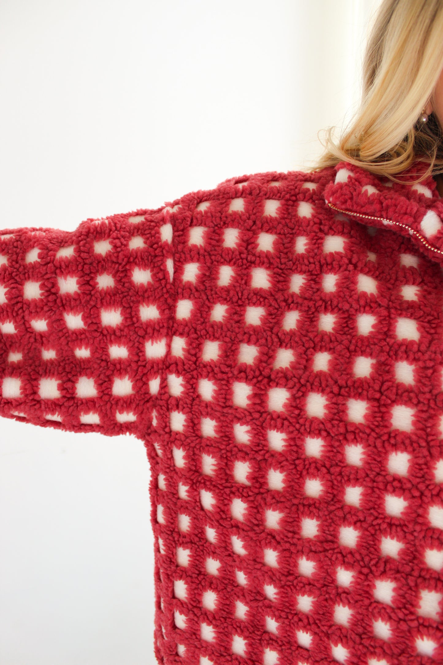 Red Gingham Sherpa Zip-Up Jacket
