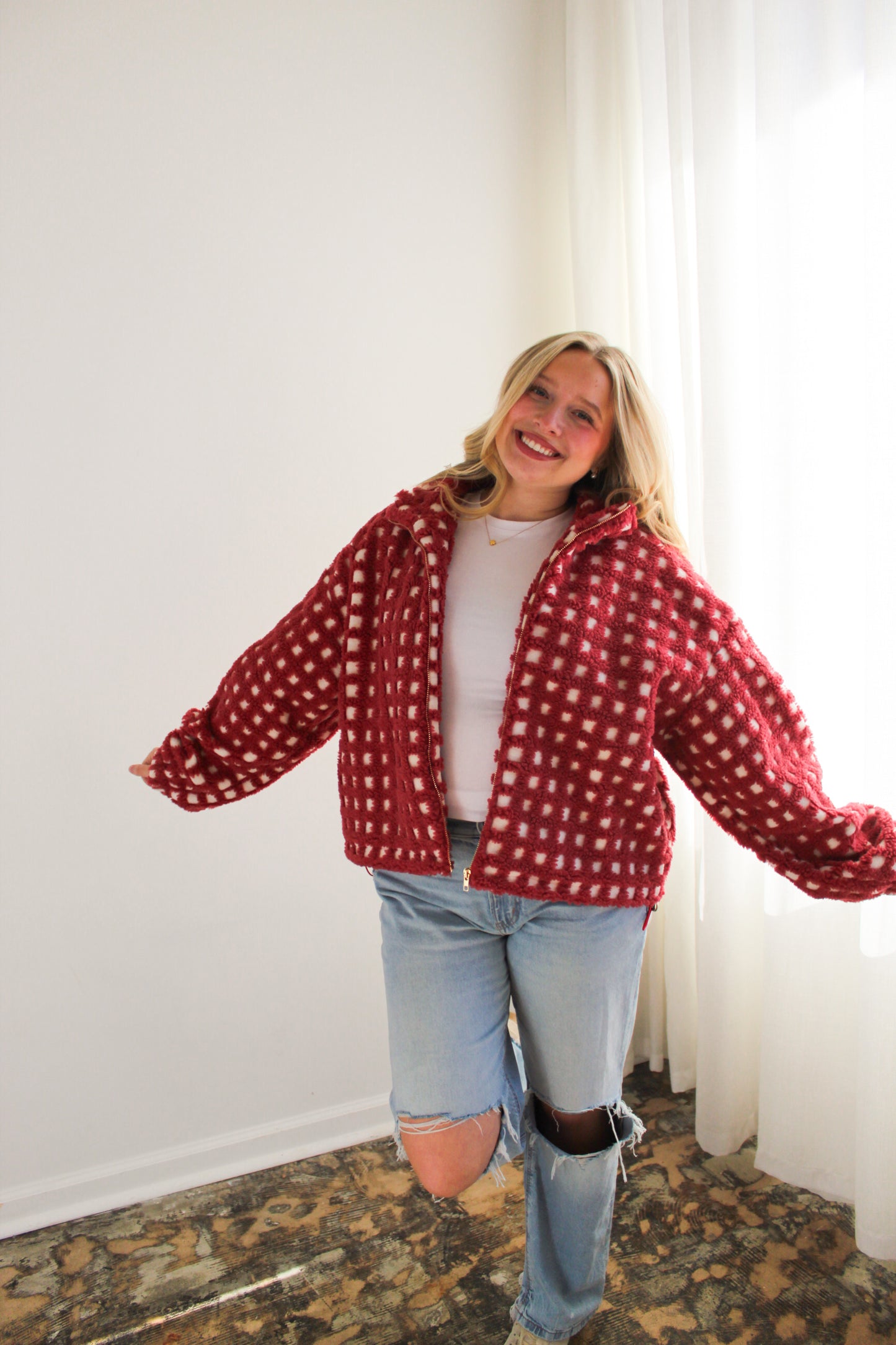 Red Gingham Sherpa Zip-Up Jacket