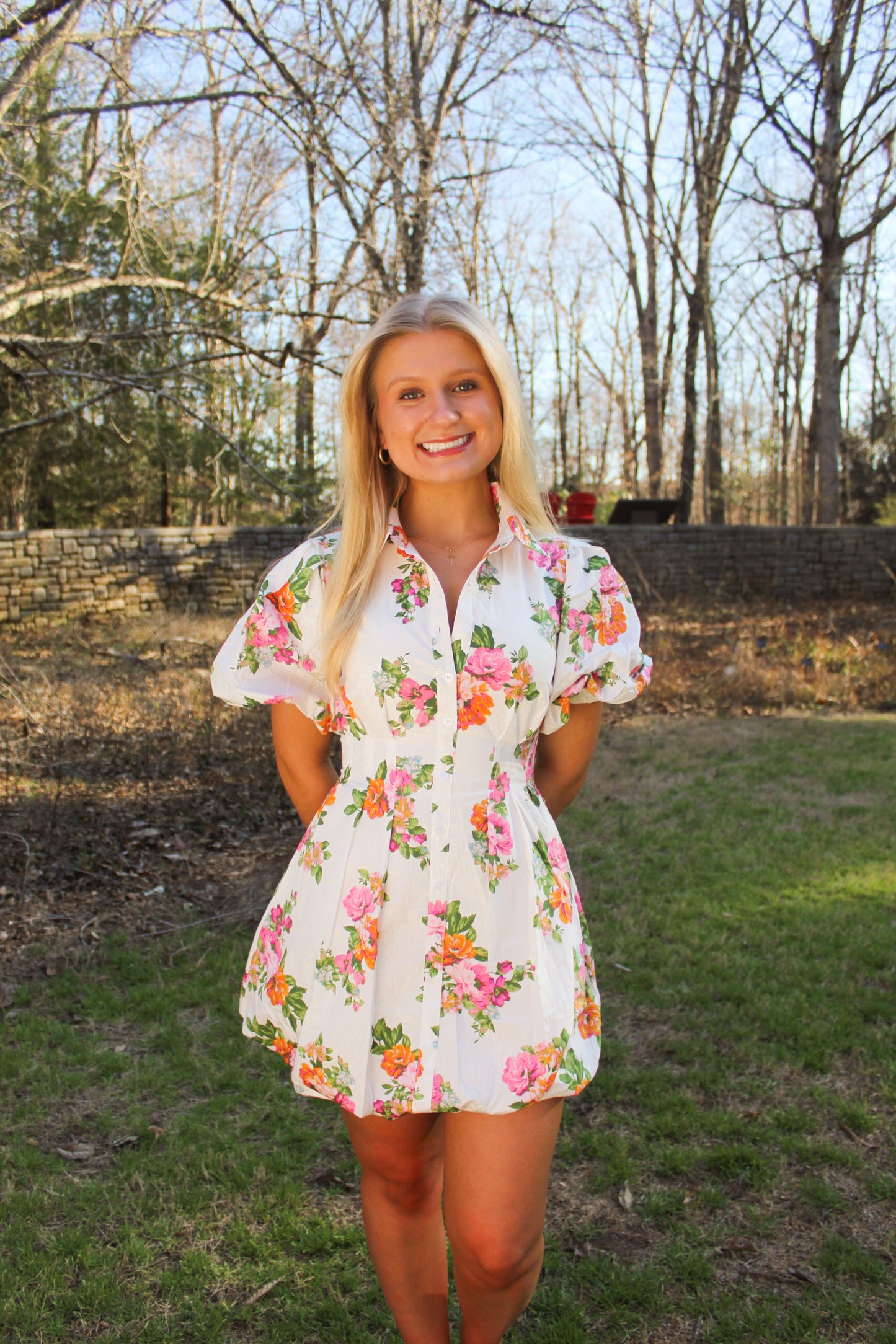 White Floral Puff Sleeve Mini Dress