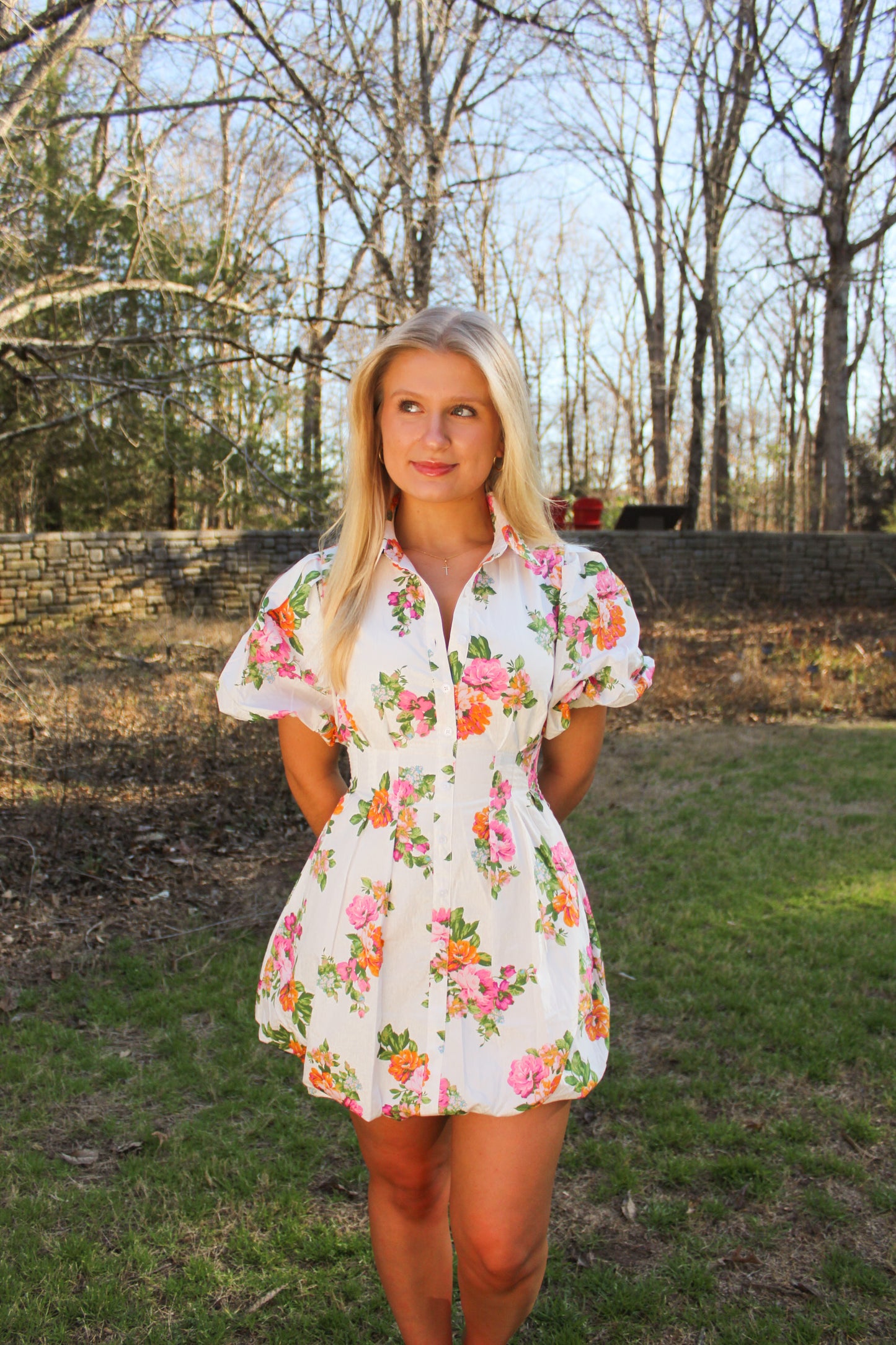 White Floral Puff Sleeve Mini Dress
