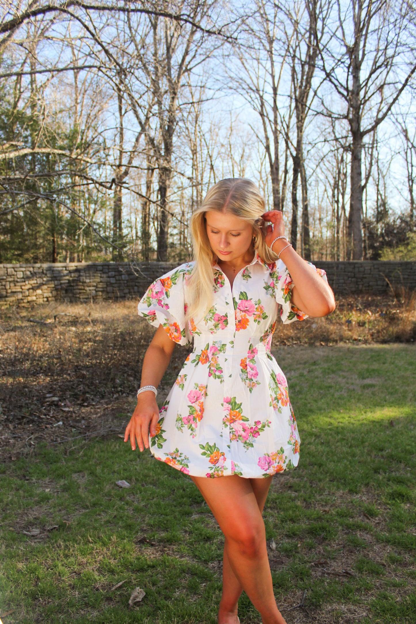 White Floral Puff Sleeve Mini Dress