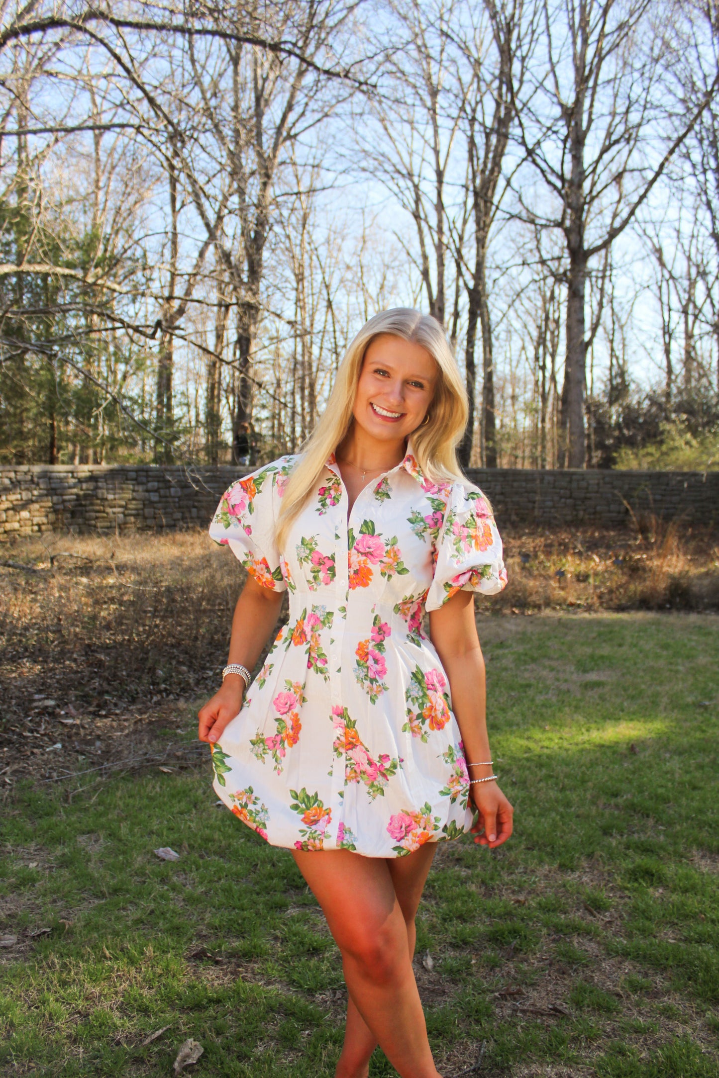 White Floral Puff Sleeve Mini Dress