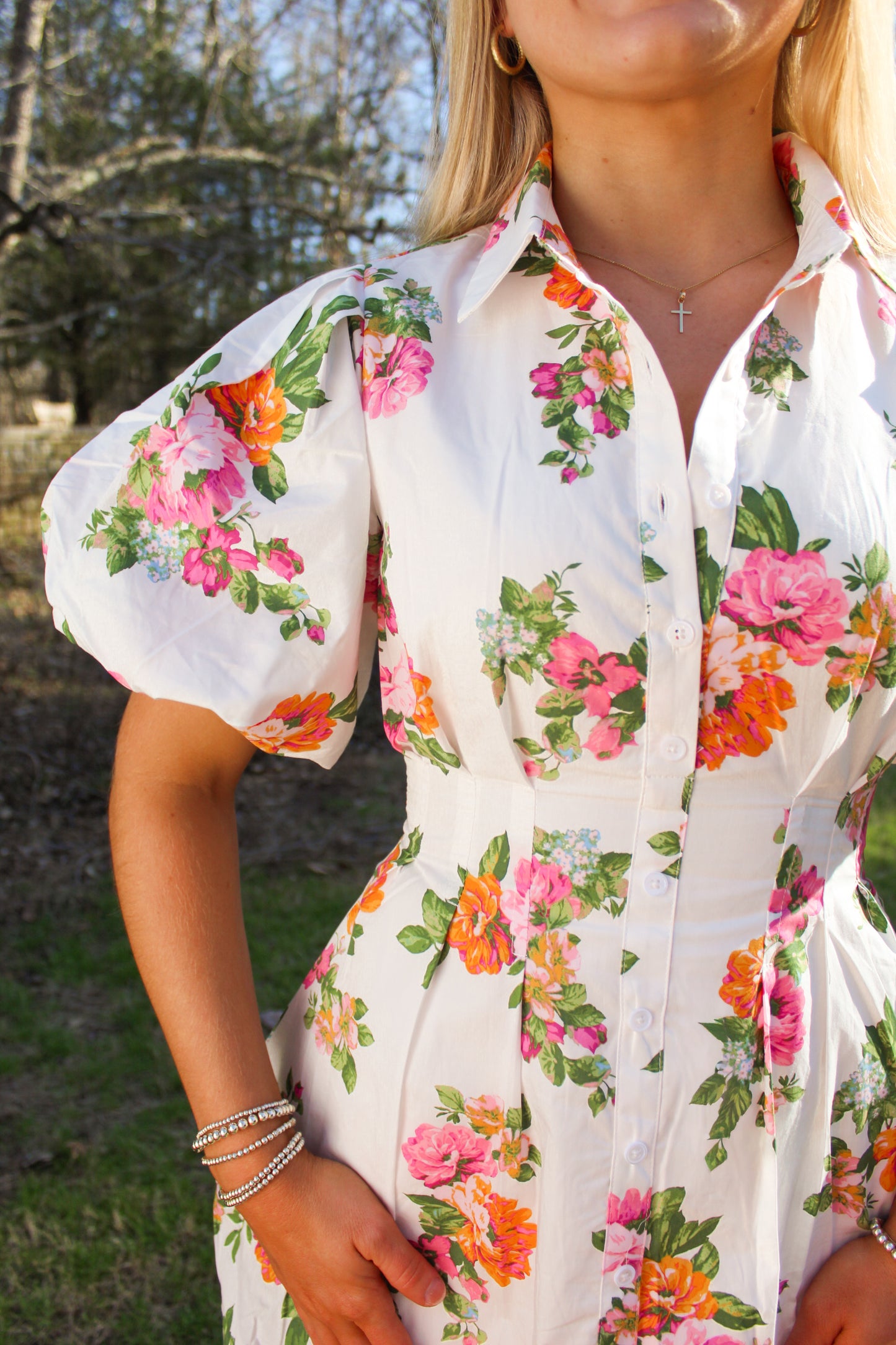 White Floral Puff Sleeve Mini Dress