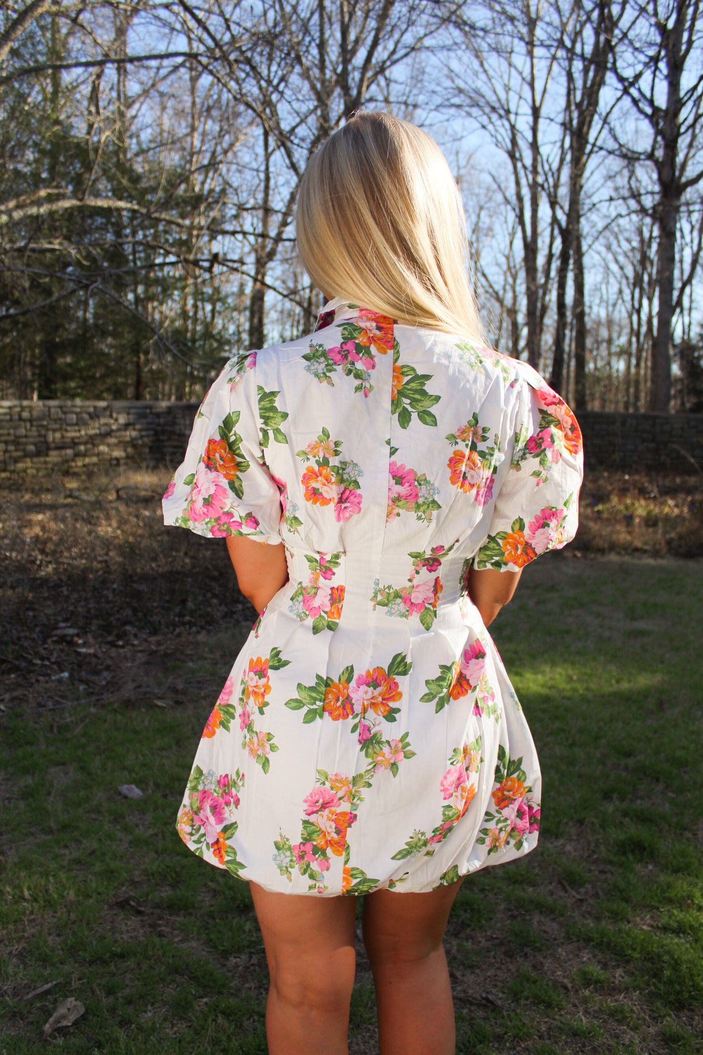 White Floral Puff Sleeve Mini Dress