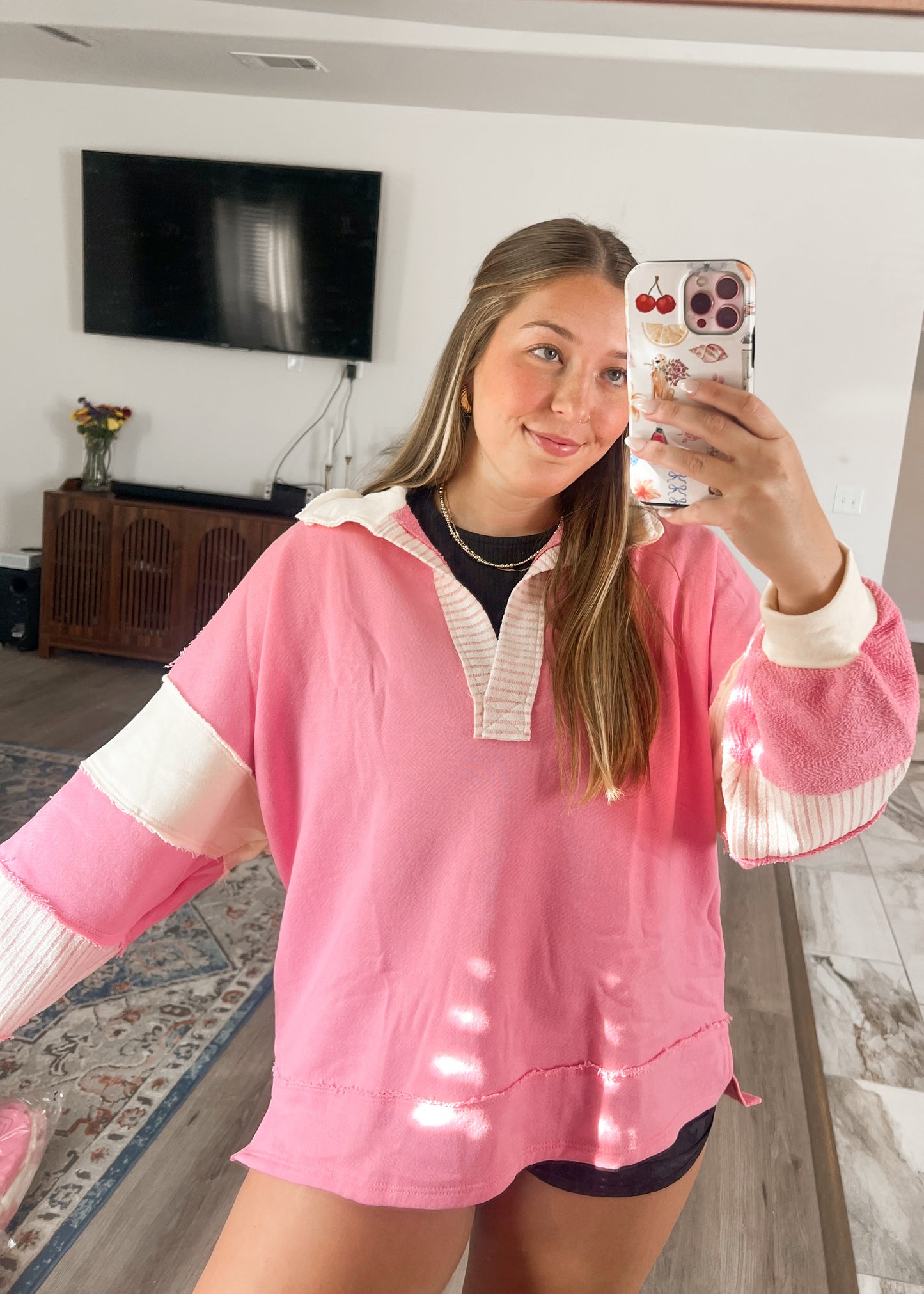 Pink & Ivory Stripe Sweatshirt