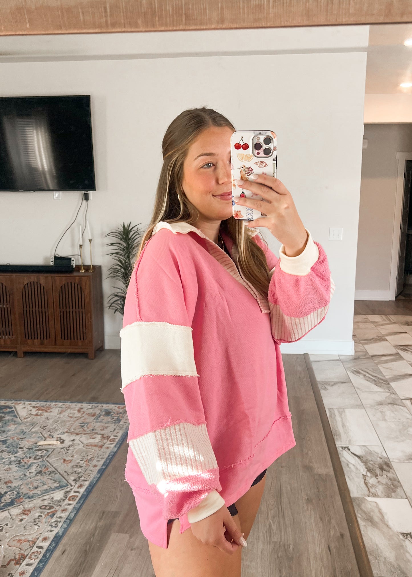 Pink & Ivory Stripe Sweatshirt