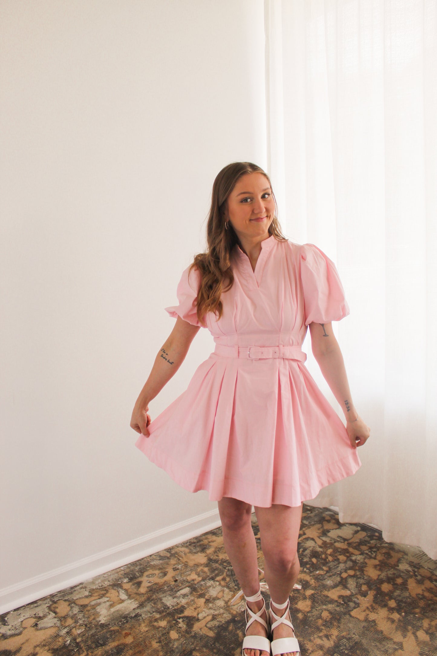 Light Pink Belted Puff Sleeve Mini Dress