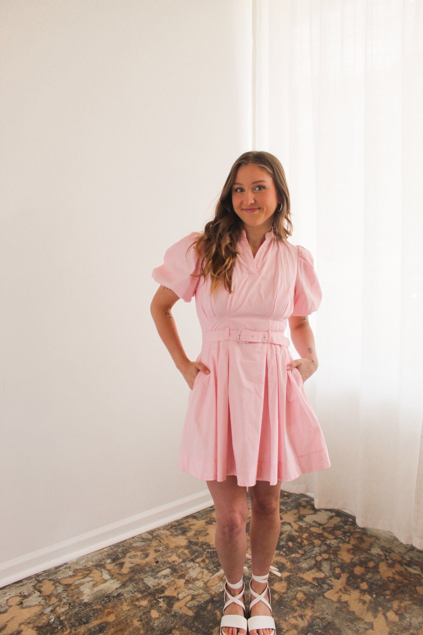 Light Pink Belted Puff Sleeve Mini Dress