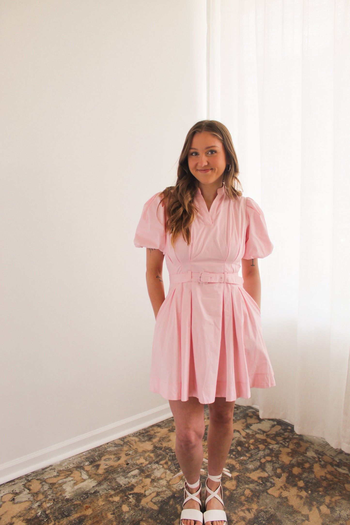 Light Pink Belted Puff Sleeve Mini Dress